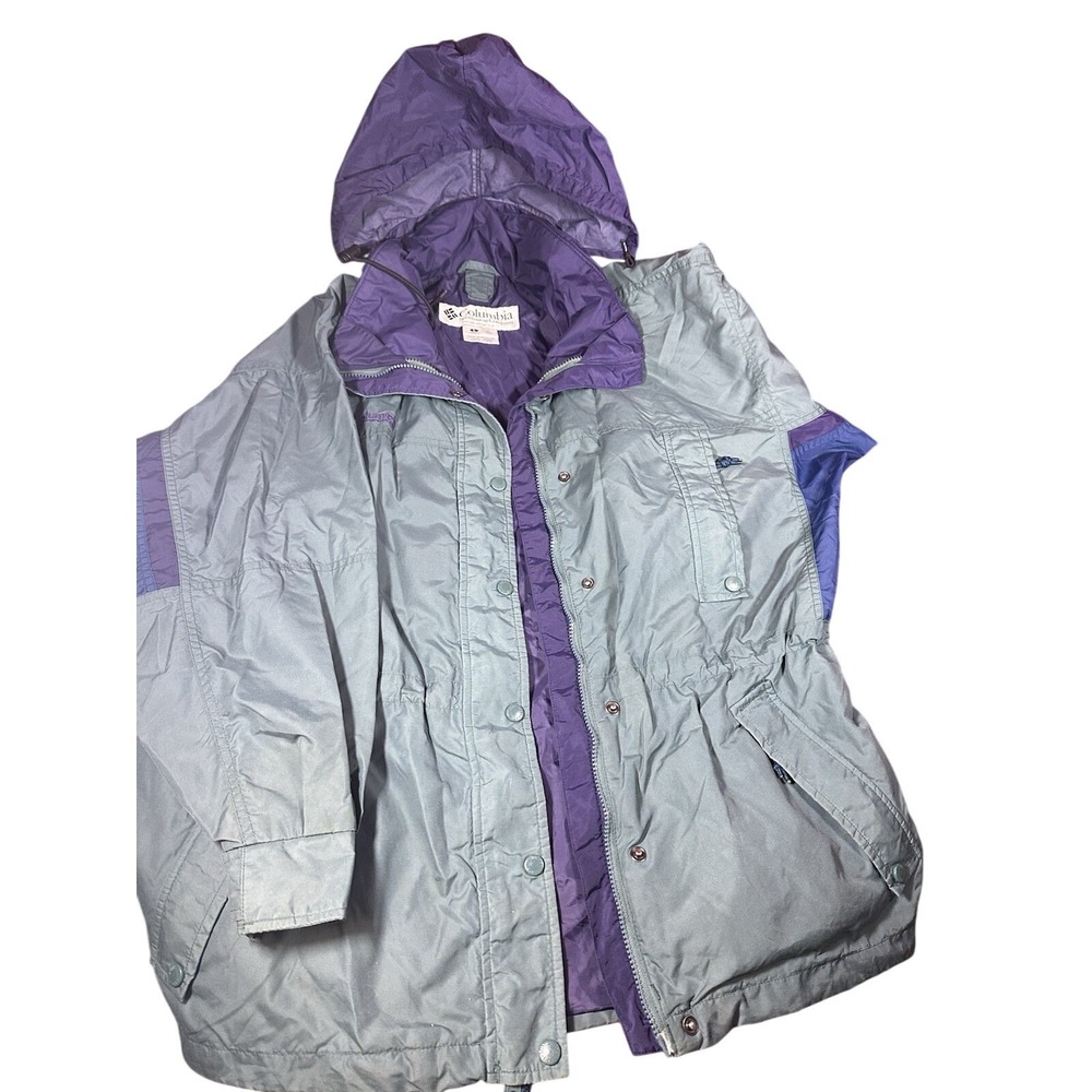Columbia Long's Peak Women Gray Purple Hooded Windbreaker Jacket Size Large